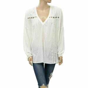 Anthropologie White V-Neck Lace Trim Peasant Tunic